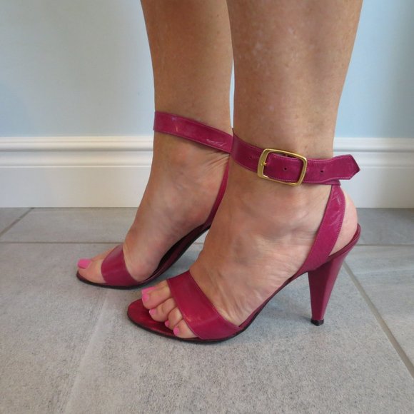 LAST CHANCE BEVERLY FELDMAN Vintage Rose Red High Heel Ankle Strap Sandals - Picture 5 of 14